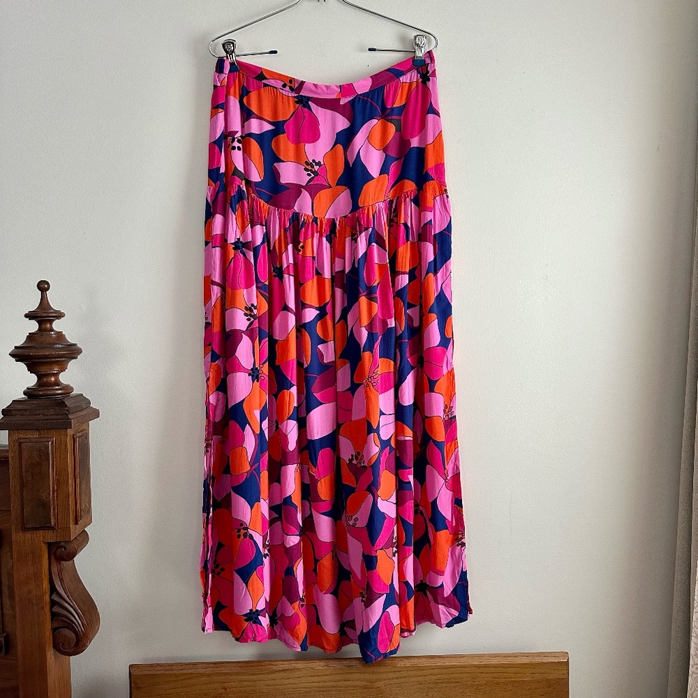 Anthropologie Pink and Orange Pleated Maxi Skirt